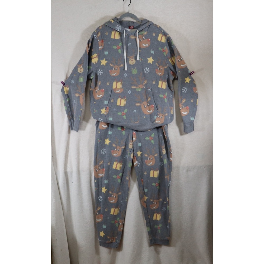 Large Gray Christmas Pajama Set Hoodie & Pants Reindeer Holiday Lounge Wear